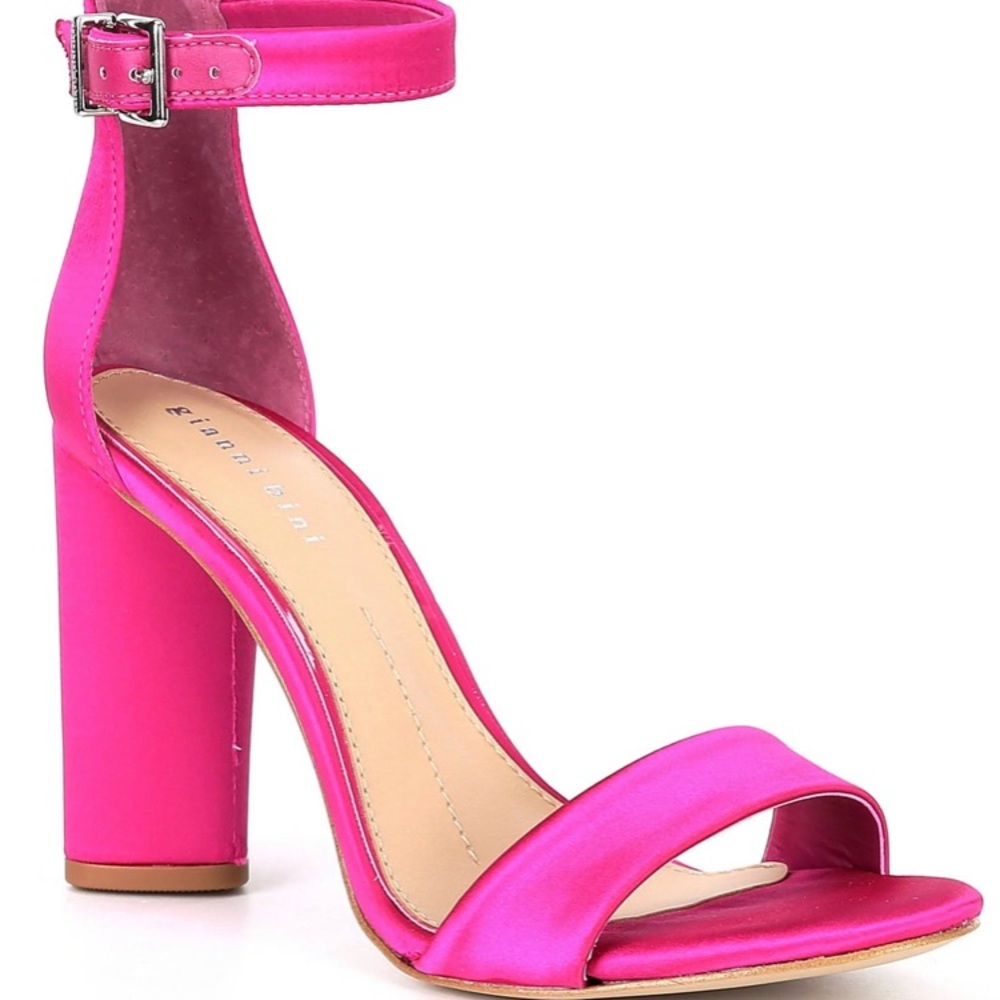 Gianni Bini Joenah Satin Ankle Strap Block Heel Two Piece Dress Sandals hot pink